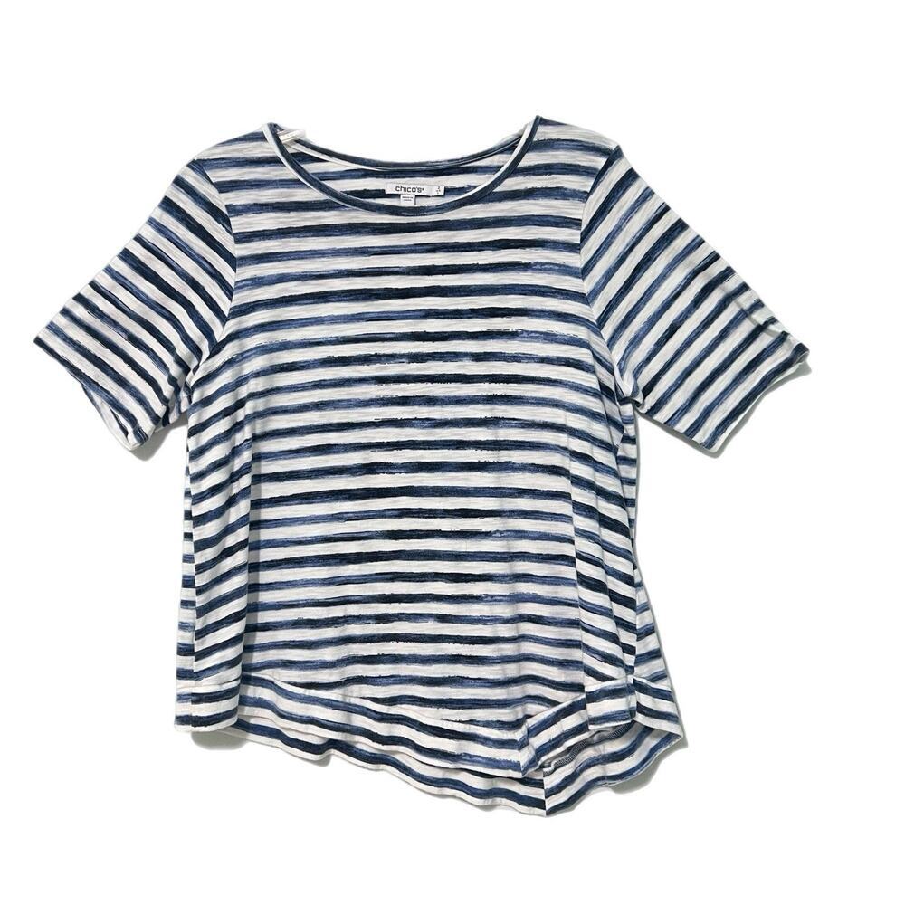 Chico's Women Size 2 Top Large Striped Asymmetrical Hem Nautical BlueWhite Beach